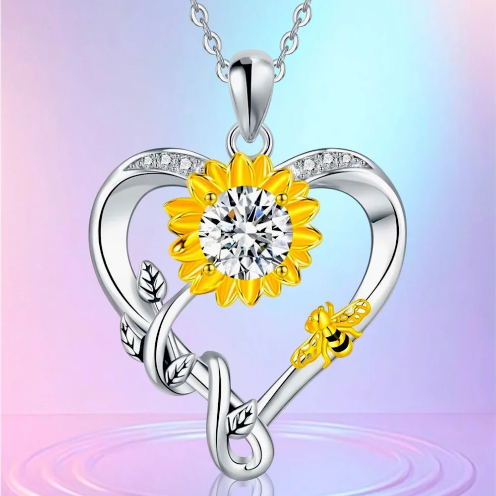 925 Silver and Yellow Sunflower Heart Pendant Necklace